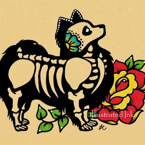 Day of the Dead Dog PAPILLON Dia de los Muertos Art Print 5 x 7, 8 x 10 or 11 x 14 - Choose your words - Donation to Austin Pets Alive