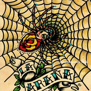 Old School Tattoo Art Spider LA ARANA Loteria Print 5 x 7, 8 x 10 or 11 x 14