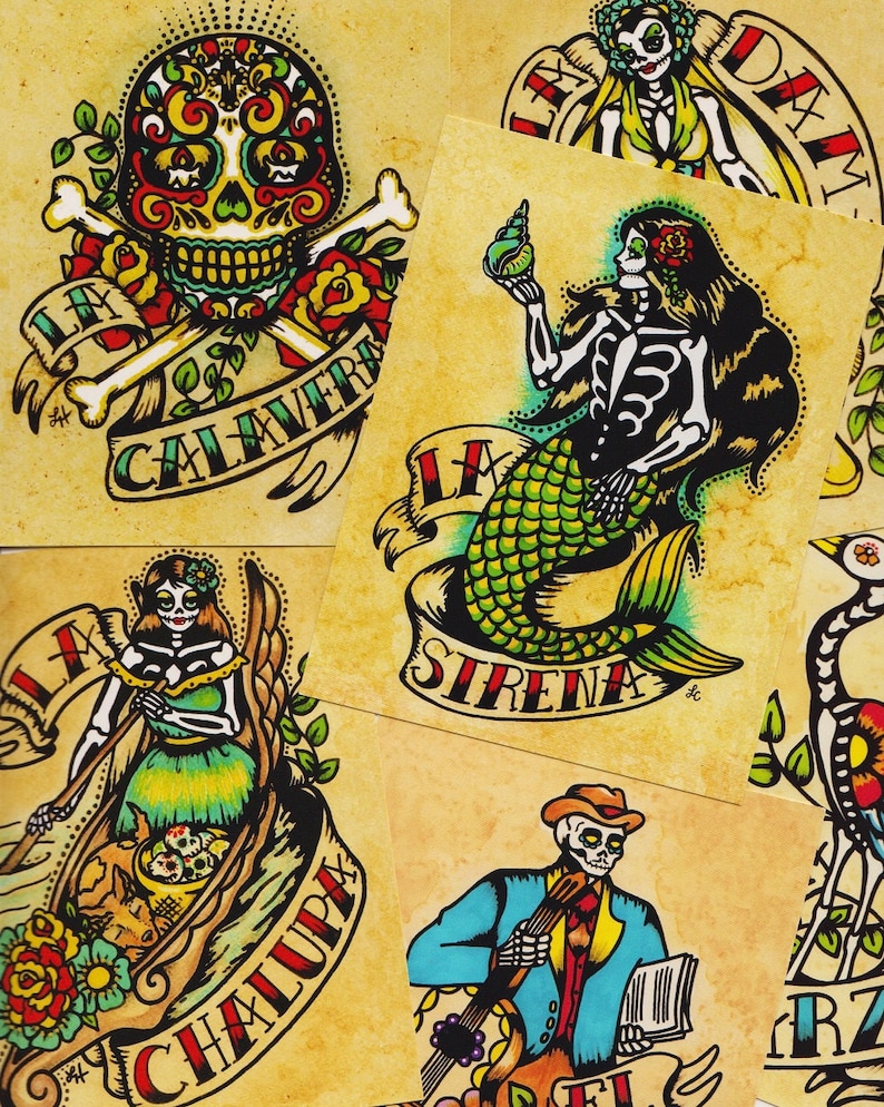 Set of 8 Designs Day of the Dead Art POSTCARDS Mexican Loteria Tattoo Art