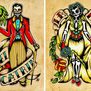 Day of the Dead Couple Art Prints Loteria La DAMA & El CATRIN 5 x 7, 8 x 10 or 11 x 14 Set