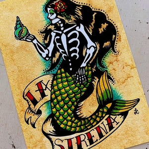 Tatuaggio di una sirena per il Giorno dei Morti, LA SIRENA, stampa Loteria, 5 x 7, 8 x 10 o 11 x 14