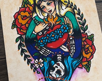 Day of the Dead VIRGIN MARY Old School Tattoo Art Print 5 x 7, 8 x 10 or 11 x 14