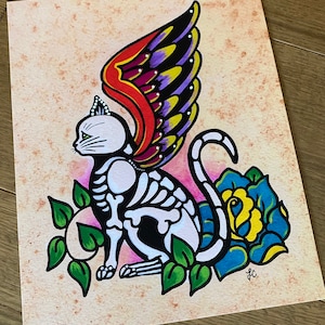 Day of the Dead CAT with Angel WINGS Traditional Tattoo Art Print - 5 x 7, 8 x 10 or 11 x 14