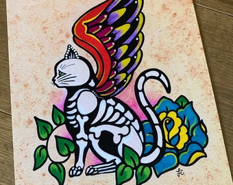 Day of the Dead CAT with Angel WINGS Traditional Tattoo Art Print - 5 x 7, 8 x 10 or 11 x 14