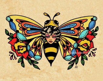 Impresión de mariposas y abejitas de la vieja escuela, 5 x 7, 8 x 10 o 11 x 14