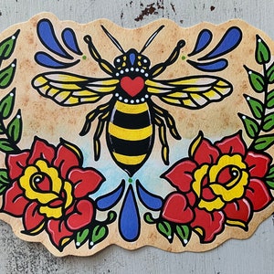 Traditional Tattoo BEE Sticker, Vinyl Sticker Decal, Bee Laptop Sticker, Old School Bee Tattoo Art Bee wreath w/ heart