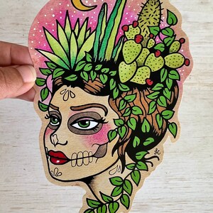 Day of the Dead Sugar Skull Nopales Sticker Decal, Cactus Vinyl Sticker Laptop Decal, Desert Moon Cactus Tattoo Art Large 4.25 x 6.25 inches