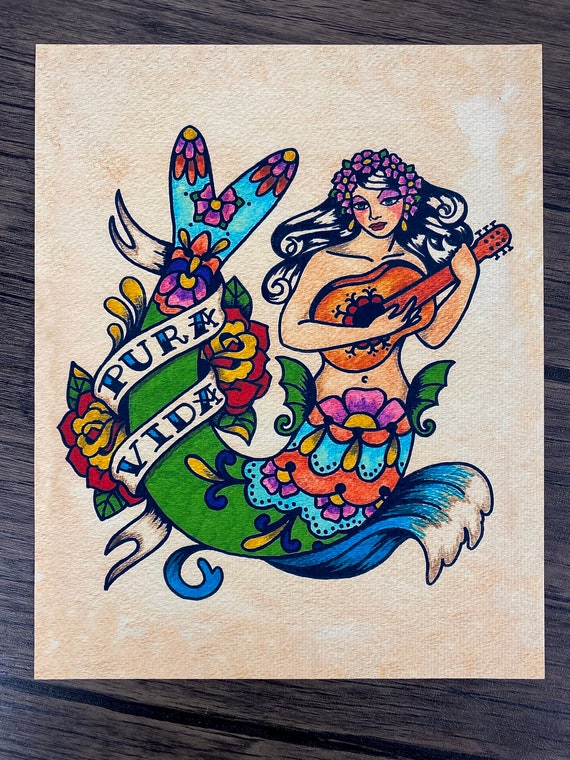 Tattoo Mermaid PURA VIDA Mexican Folk Art Print 8 X 10 or 11  display picture 3