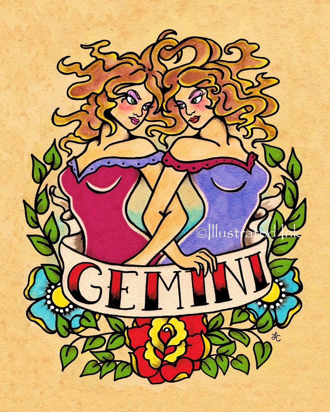 GEMINI Zodiac Print Tattoo Art Twins Astrology Sign 5 X 7, 8 X 10