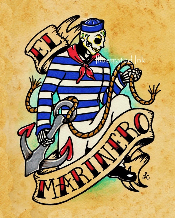 images El Valiente Loteria Tattoo day of the dead tattoo sailor art el marinero loteria print 5 x 7 8 x 10 or 11 x 14