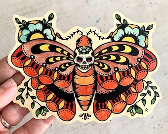 Traditional Tattoo Death MOTH Sticker, Vinyl Sticker Decal, Sugar Skull Moth Laptop Sticker, Old School Butterfly Tattoo Art