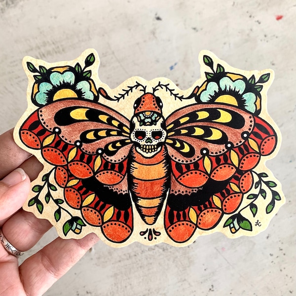 Traditional Tattoo Death MOTH Sticker, Vinyl Sticker Decal, Sugar Skull Moth Laptop Sticker, Old School Butterfly Tattoo Art