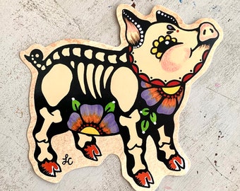 Day of the Dead Pig Sticker, Vinyl Sticker Decal, Mexican Folk Art Pig Laptop Sticker, Pig Tattoo Sticker Art