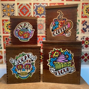 Canister LABELS SET Day of the Dead Decals Mexican Kitchen Decor - Traditional Tattoo Stickers - Sugar, Tea, Coffee, & Flour Jars Containers