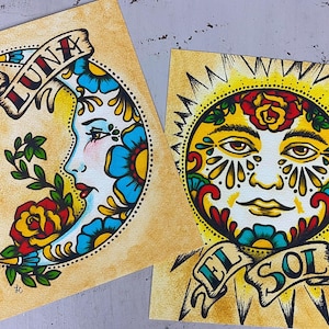 Mexican Folk Art Prints Sun Moon Loteria El SOL & LA LUNA 5 x 7, 8 x 10 or 11 x 14 Set