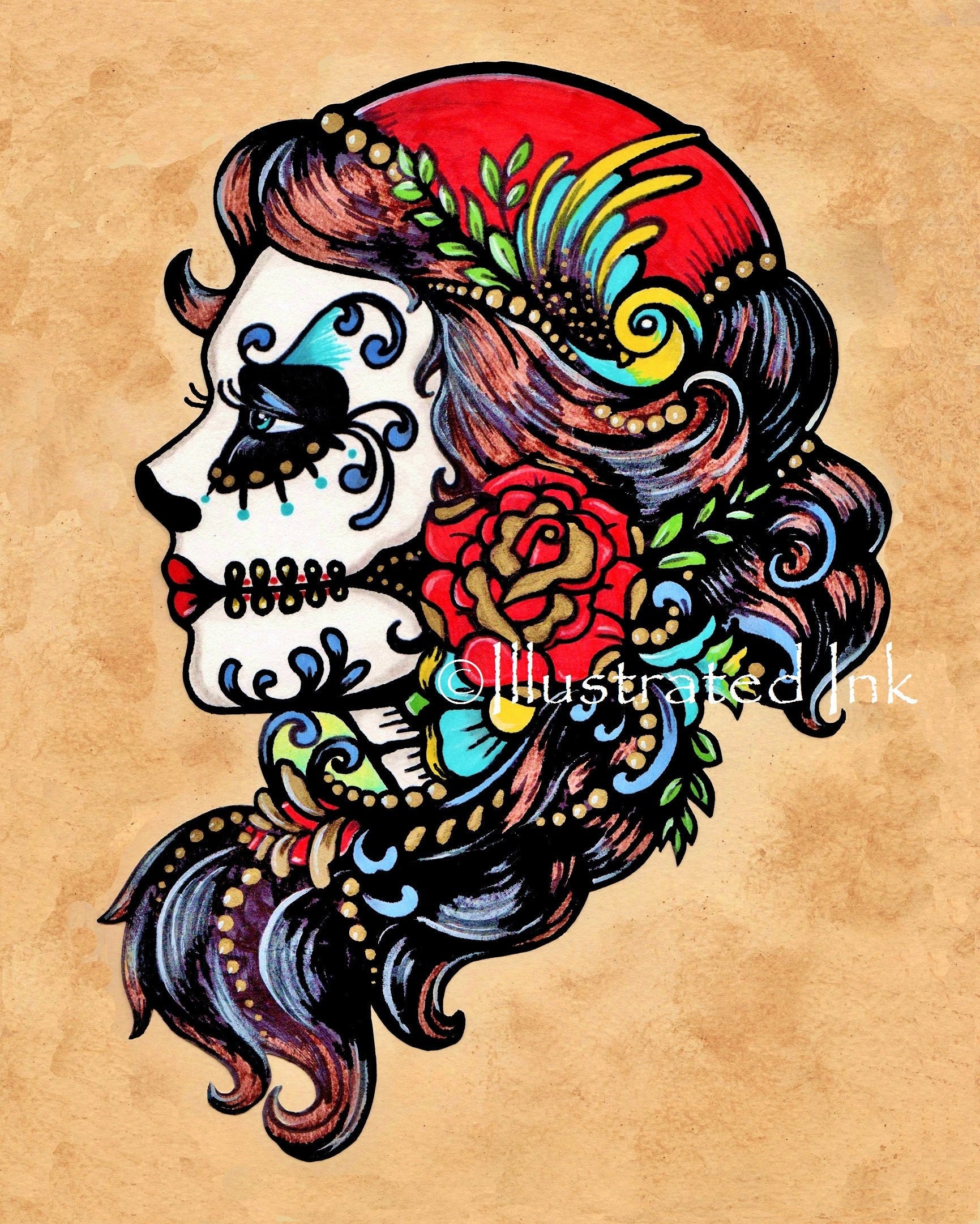 Estereotipo Pobreza extrema seno Day of the Dead Gypsy Tattoo Art Print Dia De Los Muertos - Etsy