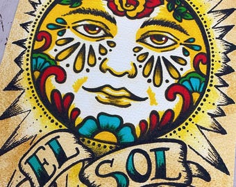 May include: A colorful illustration of a sun with a human face, surrounded by a yellow halo and black rays. The sun's face has a floral design and the words "EL SOL" are written on a blue banner below.