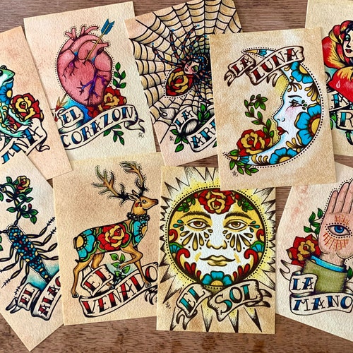 Old School Tattoo Art Prints Mexican Loteria Set Of 9 Designs Etsy