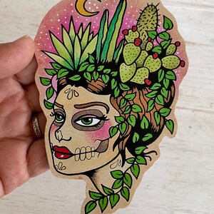 Day of the Dead Sugar Skull Nopales Sticker Decal, Cactus Vinyl Sticker Laptop Decal, Desert Moon Cactus Tattoo Art Small 3.5 x 4.75 inches
