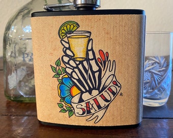 Tequila Flask Day of the Dead Skeleton Hand “Salud!” Mexican Folk Art 6 Oz, Black, Stainless Steel with Funnel