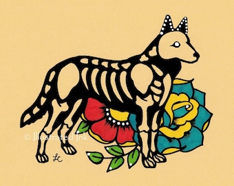May include: Black and white illustration of a skeleton dog with visible ribs, standing on a bed of colorful flowers. The dog is facing right and has a black nose and white eyes. The flowers are red, yellow, and blue.