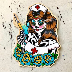 Day of the Dead NURSE Decal Sticker, Laptop Vinyl Sticker, Nurse Tattoo Art image 1