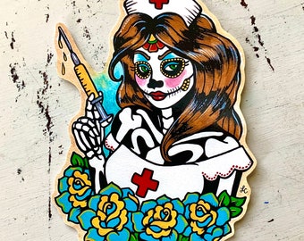 Day of the Dead NURSE Decal Sticker, Laptop Vinyl Sticker, Nurse Tattoo Art