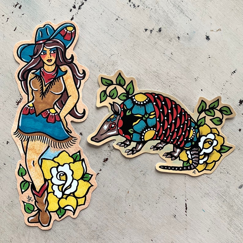 Traditional Tattoo Cowgirl Pinup Sticker, Texas Vinyl Sticker Decal, Old West Cowboy Pin-Up Laptop Sticker, Western Old School Tattoo Art image 3