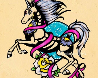 May include: A skeletal unicorn with a blue and white mane and tail, adorned with pink ribbons and a yellow rose. The unicorn is standing on its hind legs with its front legs raised. The background is a light brown.