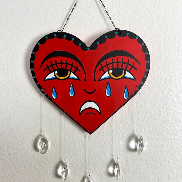 Traditional Tattoo Flash Crying Heart Wall Hanging with Glass Crystals - Hand Painted Wood Old School Tattoo Art Sign - Made To Order