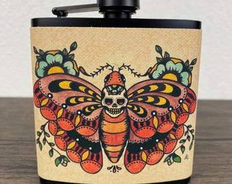 Death Moth Flask Traditional Tattoo Art 6 Oz, Black, Stainless Steel with Funnel
