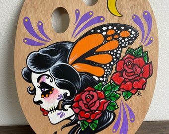 Day of the Dead Butterfly Tattoo Art Paint Palette Original Dia de los Muertos Painting on Wood