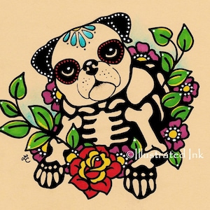 Impresión artística del Día de los Muertos con perro PUG de 5 x 7, 8 x 10 o 11 x 14 - Elija sus propias palabras - Donación a Austin Pets Alive