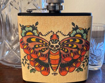 Death Moth Flask Traditional Tattoo Art 6 Oz, Black, Stainless Steel with Funnel