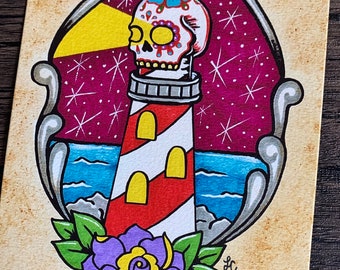 Day of the Dead Sugar Skull Lighthouse Tattoo Design - American Traditional Art Print 5 x 7, 8 x 10 or 11 x 14