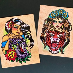 Cartões postais tradicionais de arte de tatuagem - Jaguar Tattoo Girl, Tiger Tattoo Girl, Jungle Cat Tattoos - Conjunto de cartões postais com 2 designs de tatuagem da velha escola