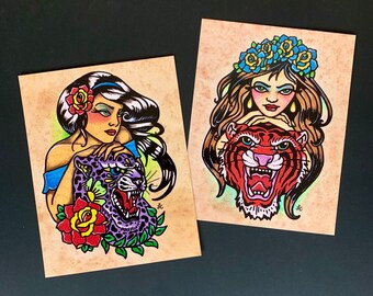 Traditional Tattoo Art Postcards - Jaguar Tattoo Girl, Tiger Tattoo Girl, Jungle Cat Tattoos - Postcard Set of 2 Old School Tattoo Designs