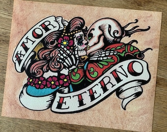 Dia de los Muertos AMOR ETERNO Day of the Dead Art Print 8 x 10 or 11 x 14