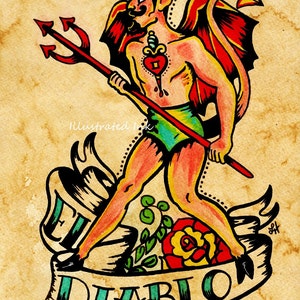 Old School Tattoo Devil Art El DIABLO Loteria Print 5 x 7, 8 x 10 or 11 x 14