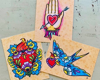 Mexican Folk Art Postcards - Sacred Heart Tattoo, Tattoo Art, Bird Tattoo - Postcard Set of 3 Vintage Designs