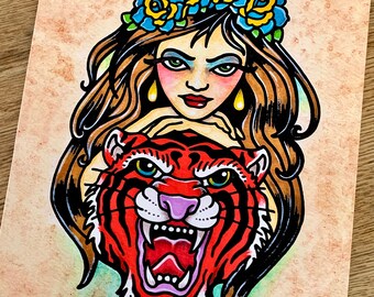 Traditional Tattoo TIGER Art Print, Old School Tattoo Flash Design, Americana Lowbrow Tiger Tattoo Art 5 x 7, 8 x 10, or 11 x 14