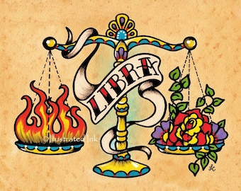 May include: A traditional tattoo style illustration of the astrological sign Libra. The scales are balanced with a red rose and green leaves on one side and a flame on the other. The word "LIBRA" is written on a banner.