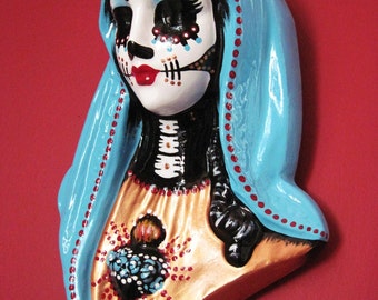 Day of the Dead VIRGIN MARY Wall Hanging Bust Sculpture - CUSTOM by Illustrated Ink - Choose Your Own Colors