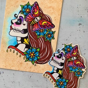 Day of the Dead Girl Moth Garland Decal Sticker, Dia de los Muertos Laptop Vinyl Sticker, Sugar Skull Tattoo Art image 4