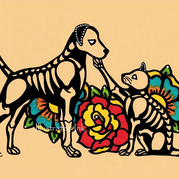 Dia de los Muertos DOG and CAT Day of the Dead Art Print 5 x 7, 8 x 10 or 11 x 14 - Donation to Austin Pets Alive