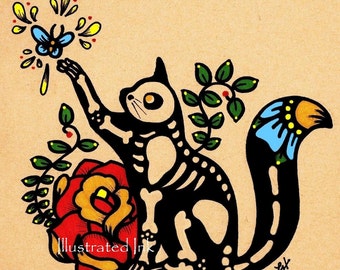 Day of the Dead CAT Dia de los Muertos Art Print 5 x 7 - Choose your own words - Shelter Donation