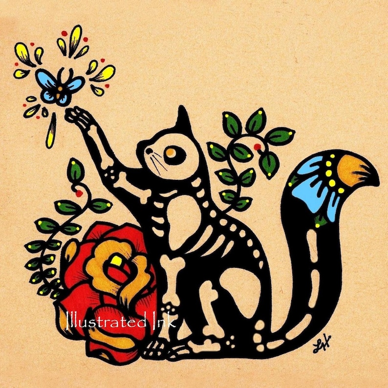 Day of the Dead CAT Dia De Los Muertos Art Print 5 X 7 Etsy