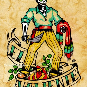 Day of the Dead Tattoo Art EL VALIENTE Loteria Print 5 x 7, 8 x 10 or 11 x 14 image 1
