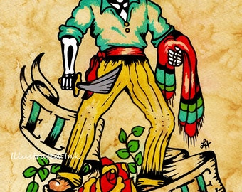 Day of the Dead Tattoo Art EL VALIENTE Loteria Print 5 x 7, 8 x 10 or 11 x 14
