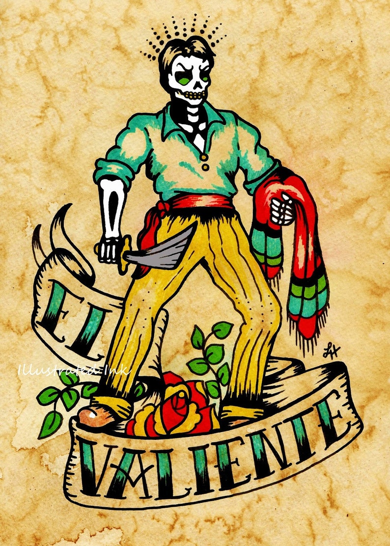 Day of the Dead Tattoo Art EL VALIENTE Loteria Print 5 x 7, 8 x 10 or 11 x 14 image 1